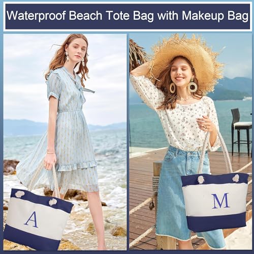 YOOLIFE Beach Bags for Women - Initial Canvas Tote Waterproof Bag with Makeup Bag Gifts for Women Mom Friend Birthday Her2