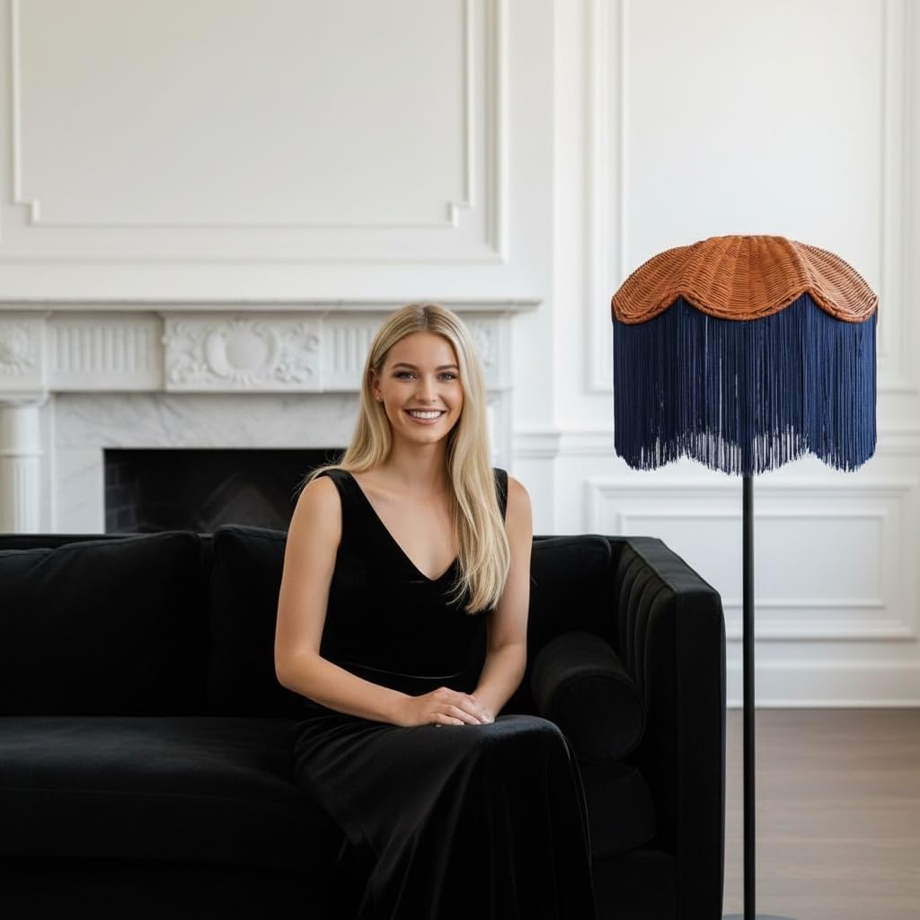 Tristan Home Rattan Lamp Shade with Fringe Trim – Boho Lamp Shade, Large Spider Fitting, Handmade Woven Top (Dark Blue)