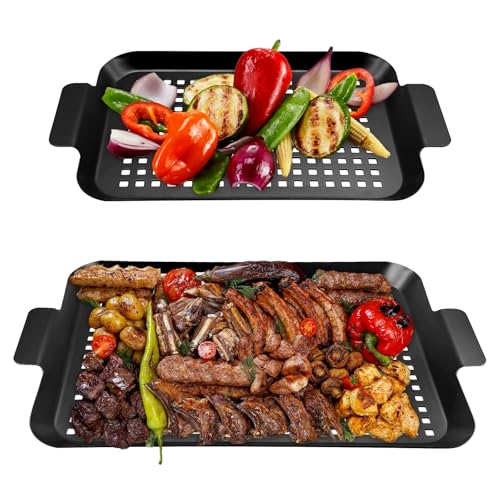 HALNYHYFD Grill Topper with Handles, 2PCS Grill Pan Nonstick Barbecue Grill Baskets for Outdoor Grill, Grill Tray BBQ Accessories with Perforated Bottom for Indoor Outdoor Grill Vegetables, Meat, Fish
