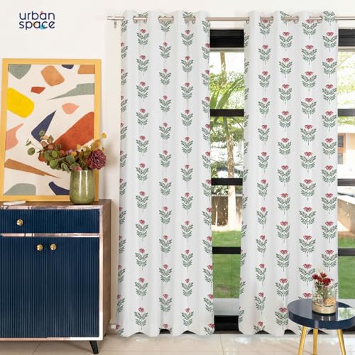 Image of Urban Space 100% Cotton Floral Curtains 8 Feet Long Set Of 2, 60-65% Room Darkening, Decorative Curtains With Eyelets /Rings For Hanging, Tieback Included (Amara Dark Pink, Long Door - 8 Feet)