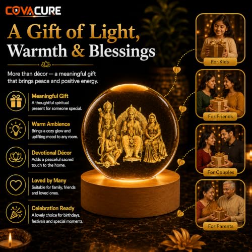 Image of COVACURE 3D Ram Darbar Idol Crystal Ball Night Lamp, 2.4 Inch Ram Darbar with Ram, Laxman, Sita and Hanuman Murti Idol Statue Crystal Ball Night Light for Home & Office Desk Decor, Spiritual Showpiece
