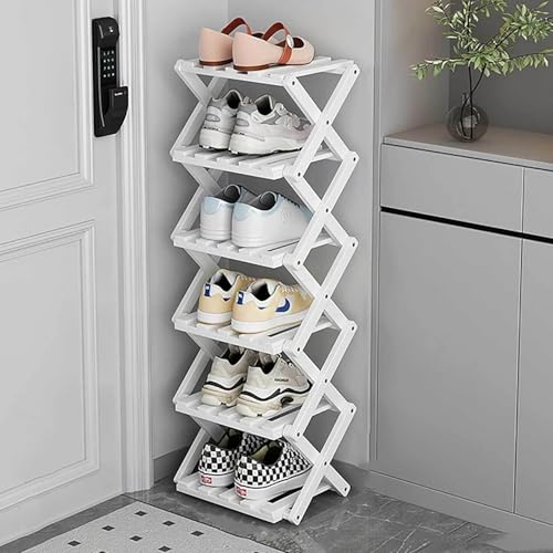 Organiseur de chaussures pliable en bambou blanc 6 niveaux : étagère étroite gain de place placard