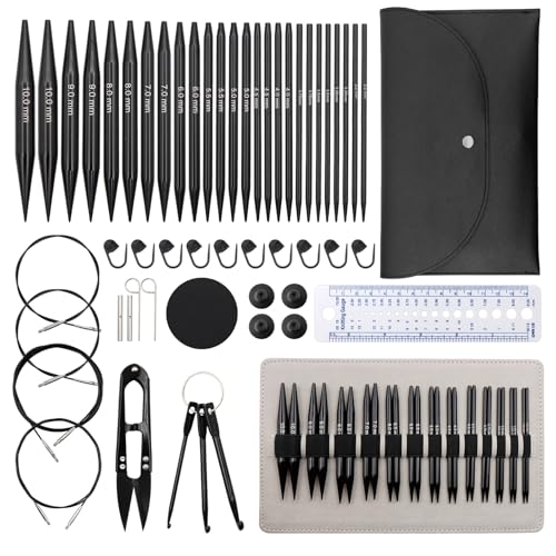 ZOCONE Stricknadeln Rundstricknadeln Set Austauschbar mit Tasche & Zubehör, 13 Paar Schwarz Aluminium Rundstricknadeln Auswechselbare 3,0-10 mm, Lang und Kurz Stricknadel Seile