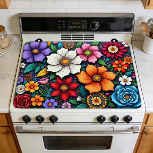 Image of Vibrant Mandala Floral Stove Cover for Electric and Glass Stove Tops 3-in-1 Stove Mat, Heat Resistant Counter Protector Mat, Non-Slip Surface & Drying Rack, 28.5 inchLx20.5 inchW