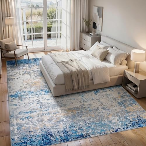 CAROMIO Abstrakter Teppich Wohnzimmer 200x290cm Kurzflor Waschbar GrauBlau | Moderner Minimalistischer Teppich Schlafzimmer Kinderzimmer Büro Esszimmer, rutschfest Faltbarer Abstra