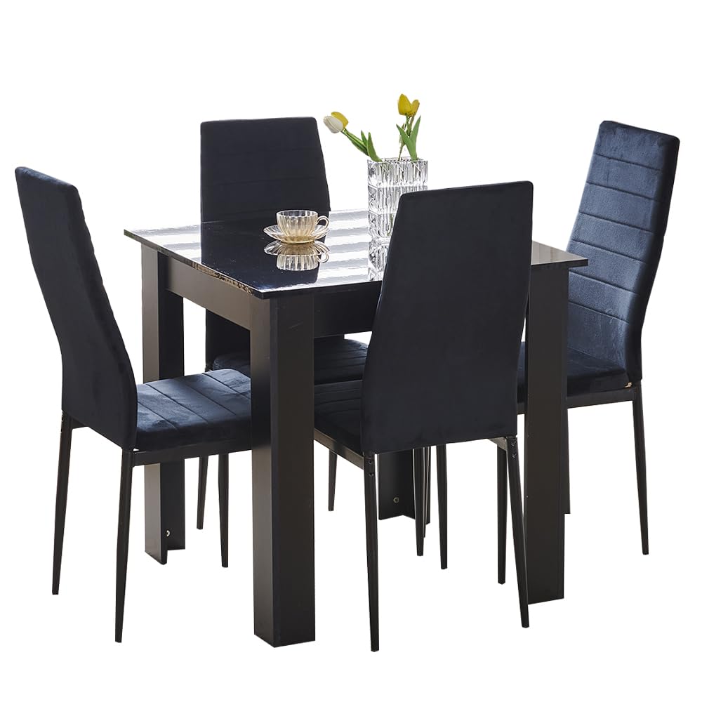 Rainbow Tree Modern 5 Piece Dining Room Table and Chairs Set, Wooden Square Table with 4 Chairs for Small Space Apartment Space Saving (Black Table+4 Black Velvet Chair) — image 1