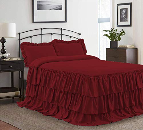 Bedding Empire 20" Drop 1 Piece Multi Ruffle Bed Skirt/Bed Cover 100% Egyptian Cotton 500 Tc Burgundy Calking Size #TOP27