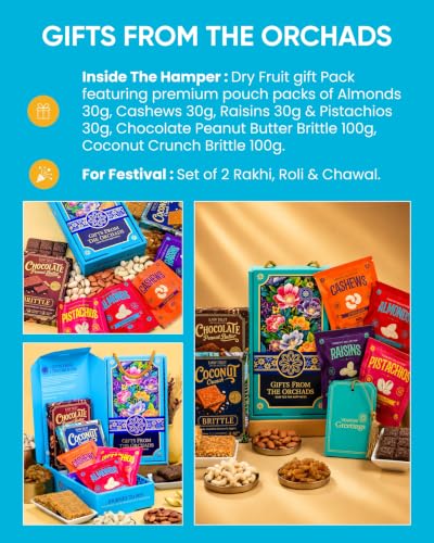 Image of Hyperfoods Rakhi Set for Brother and Bhabhi RawFruit Gifts From The Orchards Dry fruit 120 Grams(Cashews, Almonds, Pista, Raisins 30Gms Each) & 2 Brittle(100 Gm Each) with Rakhi Hamper For Brother with Roli & Rice