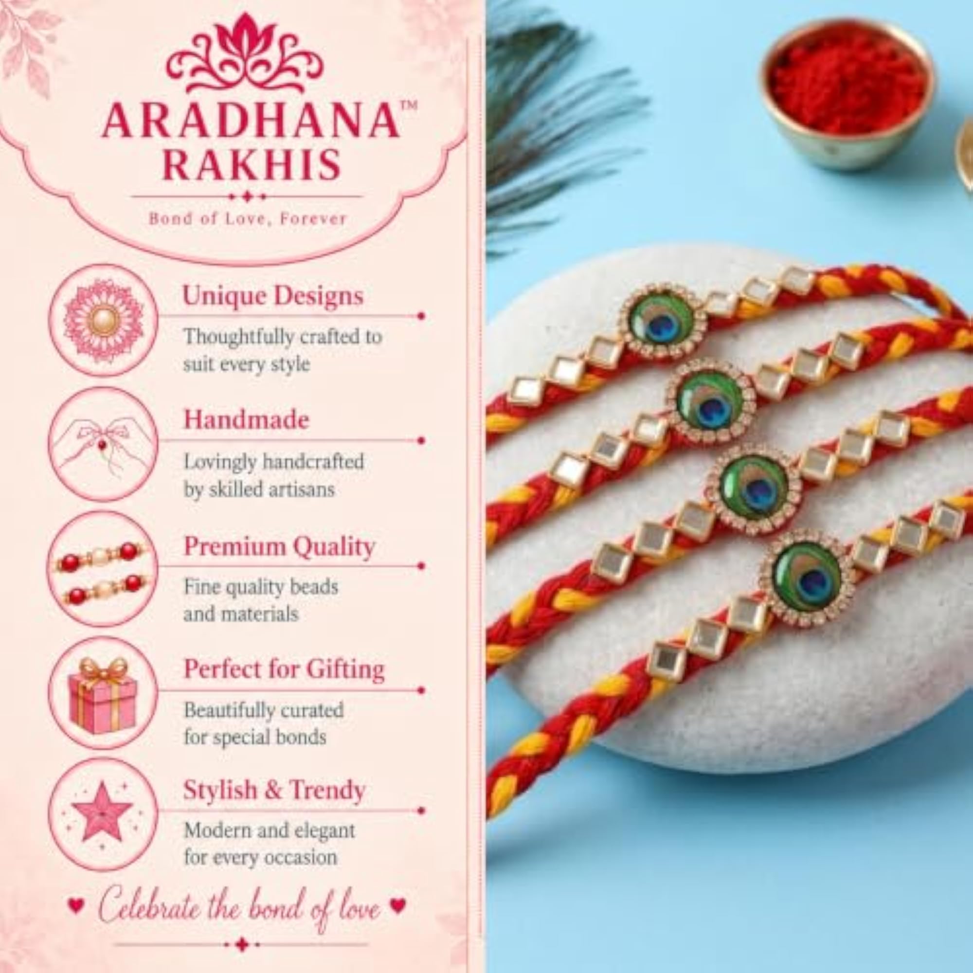 4pc Premium Peacock Rakhi Combo Set with Roli Chawal