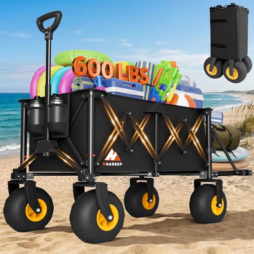 Heavy Duty Beach Wagon with Big Wheels for Sand, 10' Wheel Collapsible Wagons Foldable Large Wagon Cart Folding All Terrain for Camping