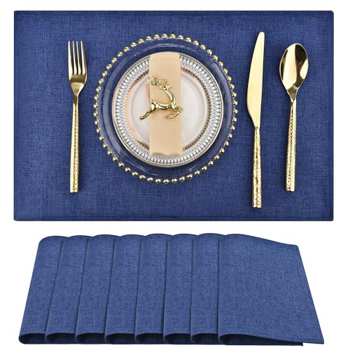 SLKQG Blue Faux Linen Placemats Set of 8, Heat Resistant Washable Double Layer Cloth Place Mats for Dining Table, Wrinkle Resistant Linen Textured Farmhouse Kitchen Decor (8, Navy Blue)