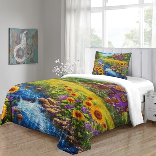 Housse de couette tournesol 3D à fermeture éclair cachée pour lit simple microfibre - 5