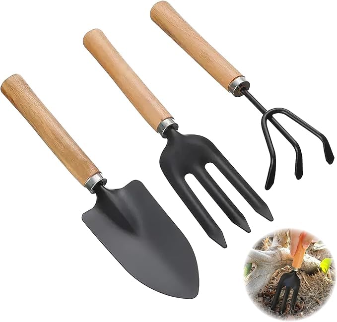 Image of Leafly Garden Hand Tools, 3-Piece Steel Gardening Tool Set Includes Hand Shovel, Hand Rake and Cultivator with Wooden Handle Suitable for Potted Plants,Ideal Garden Tool (Big)