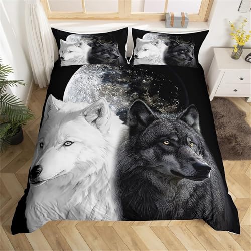 Wzzfcai Housse de Couette Motif Loup Noir 3D Animaux Imprimé Parure de Lit en Microfibre Adulte Parure Housse Couette 2 Personne avec 2 Taies d'oreiller (Loup...
