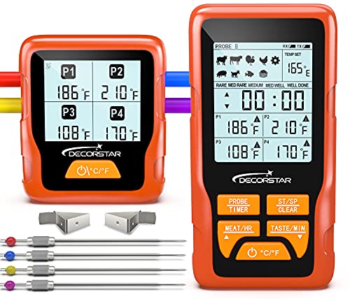 Meater Thermometer Wireless, DecorStar 4 Probes Grill Thermometer with Backlight Timer and Temp Alarm Function, 328ft Remote Monitor Food Thermometer for Grilling, Cooking, BBQ and Smoker