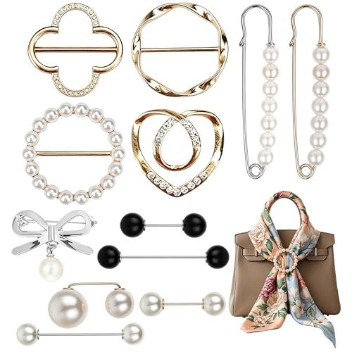 12 Stück Brosche Damen Set mit 4 Schalringen und 8 Perlennadeln Eleganter Schalring Tuchring Feiner Cardigan Clip Moderner Kleider Clip Sicherheitsnadeln Mit Perlen für Bluse und Schal