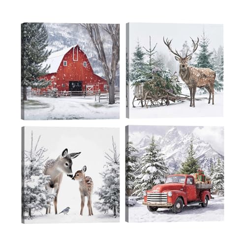 Vintage Christmas Wall Decor Winter Canvas Art: Reindeer Winter Scene Painting Farmhouse Christmas Pictures Decorations for Home Xmas Holiday Artwork Poster Prints Hangings Framed 12"x12"x4