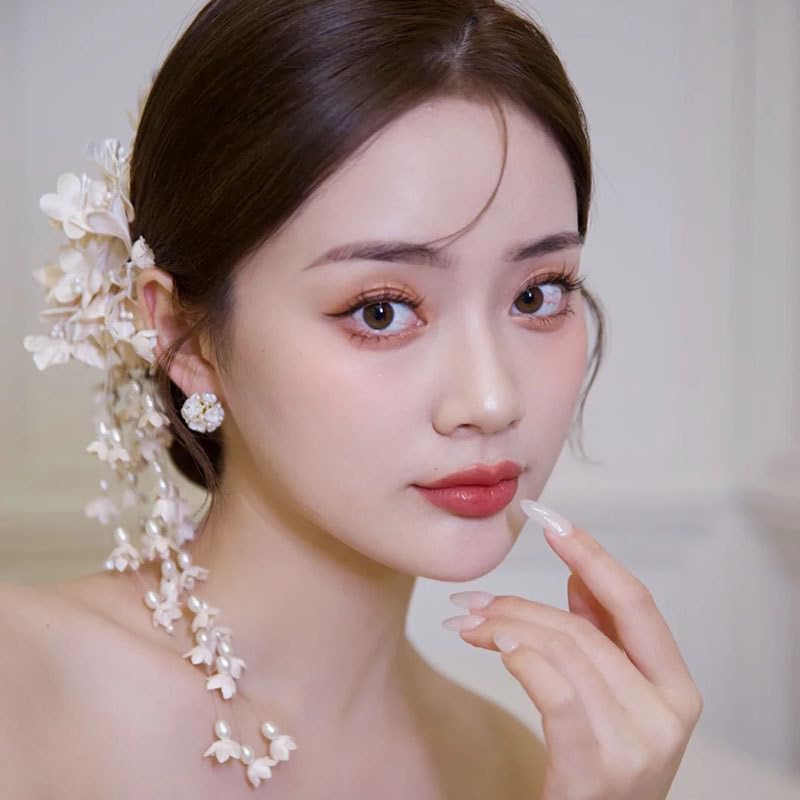 Flower Tassel Wedding Hair Clips Silver Pearl Hair Pieces Headpiece Hair Barrette Hair Pins Floral Bridal Hair Accessories for Women and Girls (White)