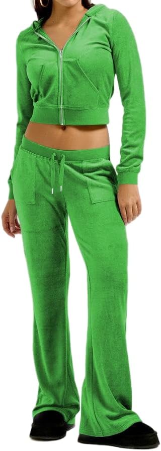 yidengymx Two Piece Velvet Hooded Outfits for Women, Womens 2 Piece Velour Tracksuit Zip Up Sweatsuit with Cargo Pockets