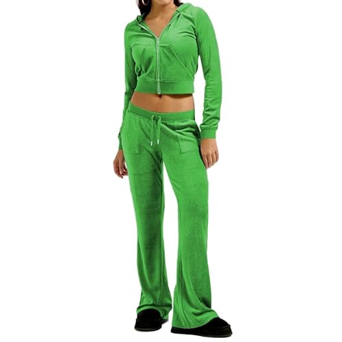 yidengymx Two Piece Velvet Hooded Outfits for Women, Womens 2 Piece Velour Tracksuit Zip Up Sweatsuit with Cargo Pockets Small Hoodie/Cargo Pants-green