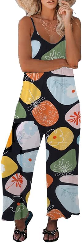 Womens Casual Loose Sleeveless Bohemian Beach Jumpsuits Spaghetti Strap Wide Leg Rompers with Pockets LTK - Image 3