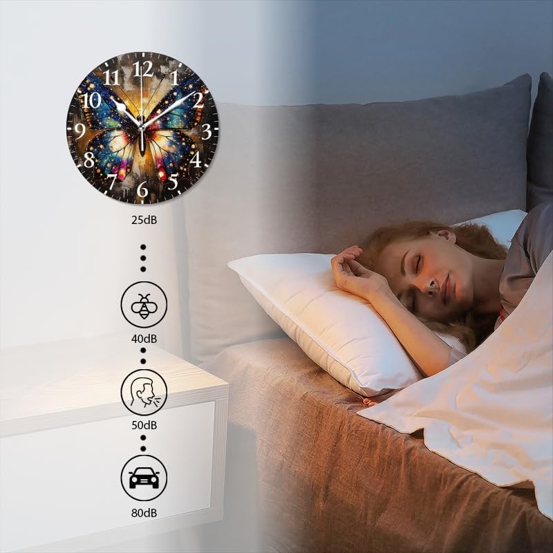 Battery Operated Round Wall Clock Non-Ticking Silent Analog Clcok Decorative for Living Room,Office,Kitchen-Butterfly in A Sparkling Setting(16inch)