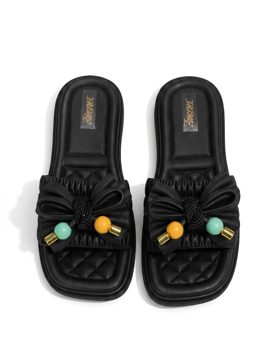 Women's Black Bow flip-flop with Decorative Beads-picture-50