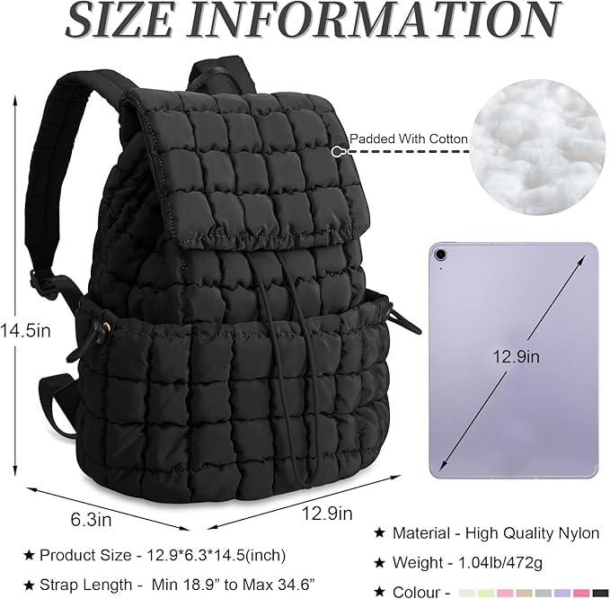 Image of MOCA Quilted Puffer Backpack for Women, Nylon Puffy Casual Girls Womens Backpack, Lightweight Hiking Gym Daypack Preppy Travel Bag with Adjustable Top Flap Drawstring
