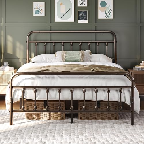 Yaheetech 5ft King Bed Frame Vintage Iron Platform Bed with High Headboard and Footboard Strong Metal-Framed Bed with Storage Bronze