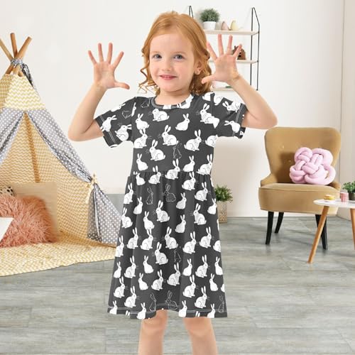 ALAZA White Rabbit Bunny Black Girls Dress Short Sleeve Toddler Casual Dresses Summer Sundress 2-8T4