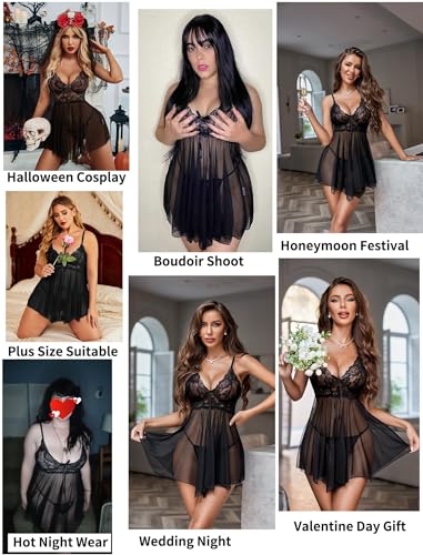 Image of SSoShHub Women Lingerie Set Lace Teddy Strap Babydoll Lingerie Bikini with Panty