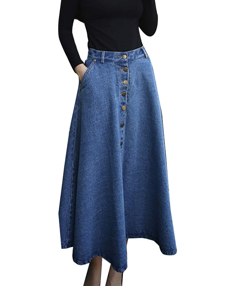 Mengyu Women Summer Casual A Lline High Waist Flared Denim Long Skirt