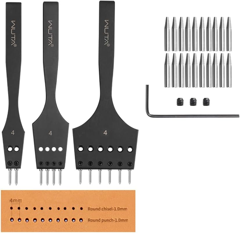 WUTA Removable Leather Hole Punch Lacing Stitching Professional Working Hand Tool Kit Round Hole Puncher Craft Chisel Cutting Punches Kits 2nd Gen 4mm-(2+4+6)