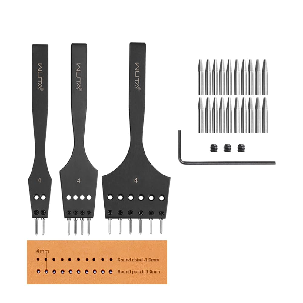 Removable Leather Hole Punch Lacing Stitching Professional Working Hand Tool Kit Round Hole Puncher Craft Chisel Cutting Punches Kits 2nd Gen 4mm-(2+4+6)