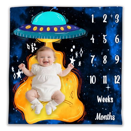 Image of UFO Baby Monthly Milestone Blanket, 48x48in Soft Flannel, Alien Round Spaceship, Newborn Mom Gifts, Baby Shower Age Growth Tracker with Bonus Maker (White Blue, 48x48in)