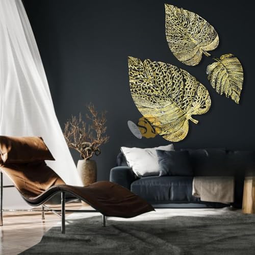 Image of SNS DECOR Luxury Metal Abstract Figures Leaf Wallart Set of 3 Handcrafted Wall Sculpture Wall Art Multicolor For Home Decoration (Brass Antique)