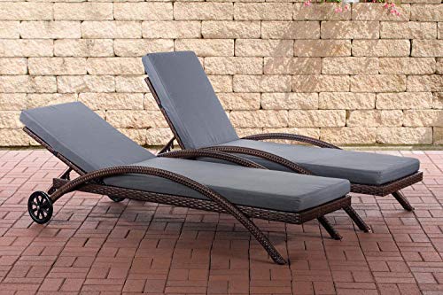 CLP 2 Bains de Soleil à roulettes Rainbow avec Coussin de Siège I 2 Chaises Longue Polyrotin I Couleur: Revêtement: Rouge Rubis, rotin: MARR, Couleurs:Antique/Marron, Couleur du Coussin:Gris Fer