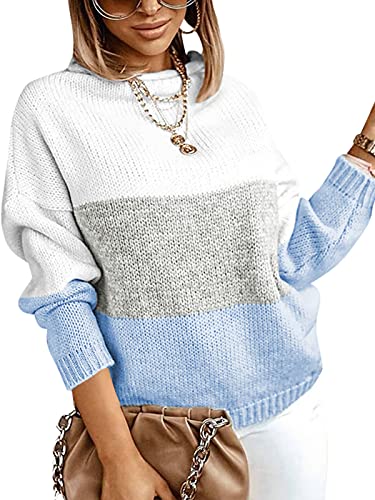 VONDA Pull Laine Femme Chaud Tricot Sweater Contraste de Couleur Coloré Chandail Col Rond Chic et Elegant Hiver Cover