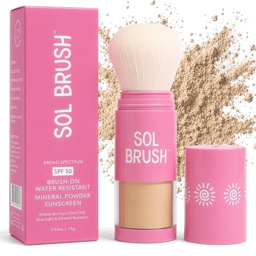 Sol Brush SPF 50 Mineral Sunscreen Powder Broad Spectrum UVA/UVB Protection Sunscreen Mess Free Brush On Applicator Clean & Cruelty Free Water Resistant (80 Minutes) Pink Medium