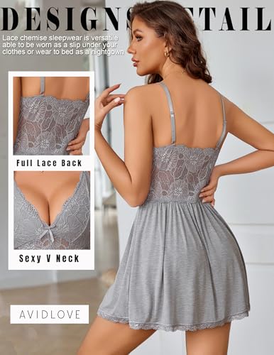 Image of Avidlove Women Chemise Night Gown Lace Modal Sleepwear V-Neck Full Slip Babydoll Lingerie Sexy Nightgowns