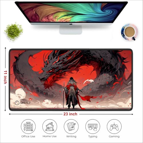 Image of Dragon Warrior Gaming Mouse Pad, Large Desk Mat 58.5 x 28 cm, Extended Washable Mousepad, Desk Pad, 2mm Thick Non-Slip Rubber Base, Stitched Edges, Smooth Surface (Red /Black)