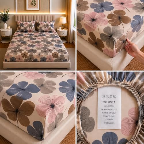 Image of Castiqa Elastic Fitted Supersoft Premium Polycotton 200TC Double Bedsheets King Size 78x72 Inch with 2 Pillow Covers (Fits Upto Mattress of 8Inches) (Multicolor VII)