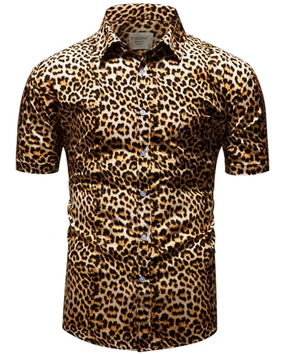 fohemr Herren Leopard Hemd Kurzarm Button down Tiger Tier Muster Freizeithemd Sommerhemd Gelb X-Large