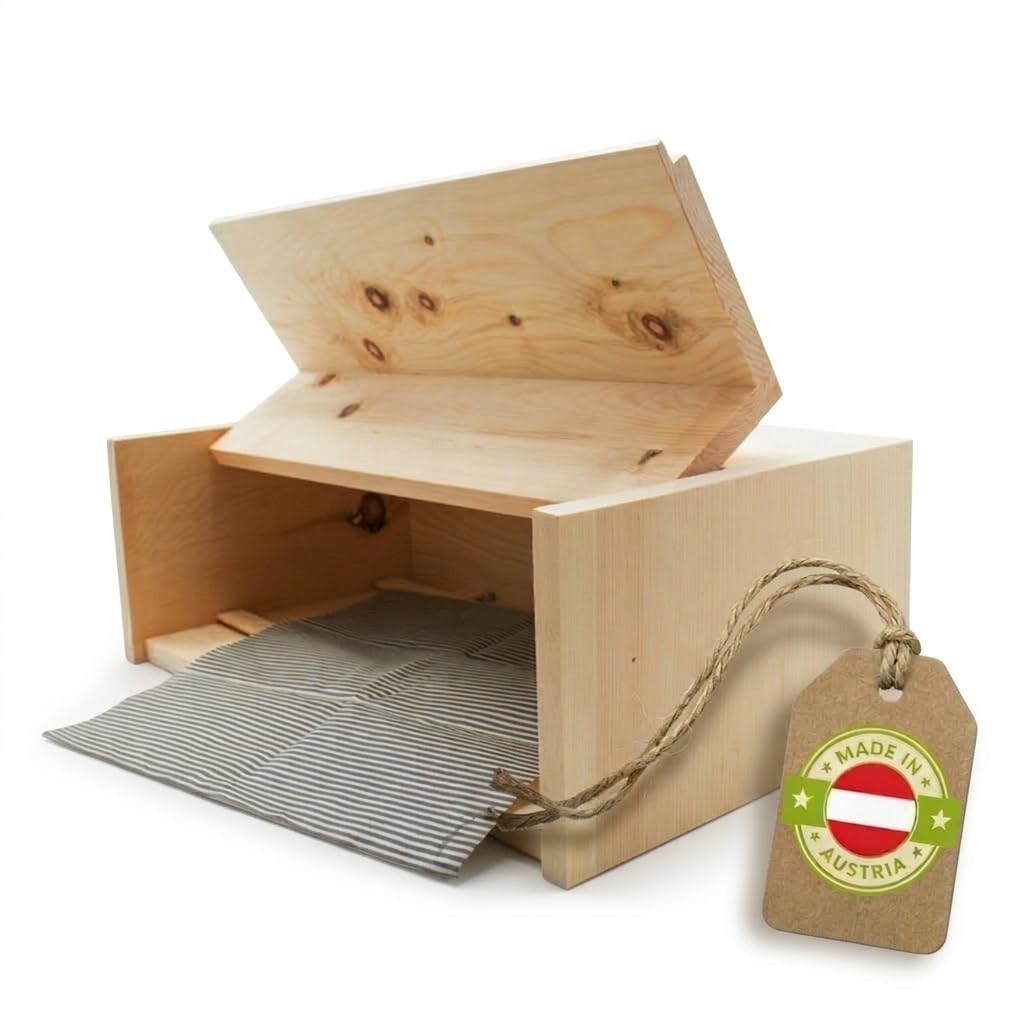 Brotkasten aus Zirbenholz mit Gitter und Bienenwachstuch, 45x16x25 cm | Handgefertigte Brotdose aus Naturholz, Made in Austria