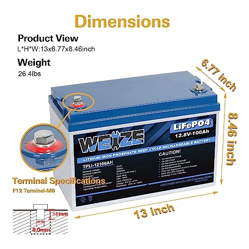 Image of Weize 12V 100Ah TM LiFePO4 Battery Group 31, 120A BMS Low-Temp Protection Deep Cycle Lithium Battery 500A /3S Peak Discharge for Trolling Motor, RV, Solar, Marine