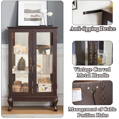 Image of 43 inch H Lighted Curio Cabinet Display Case, Glass Curio Cabinet with Adjustable Shelves and Tempered Glass Door, Wooden Cabinets w /Mirrored Back Pane for Living Room (Dark Cherry)