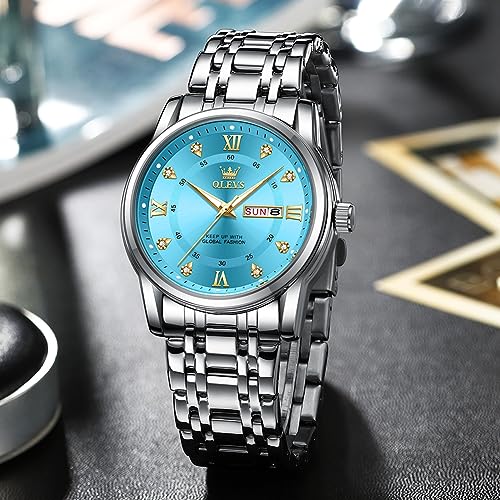 Image of OLEVS Men Watch Blue Gold Analog Quartz Stainless Steel Waterproof Luminous Date Luxury Casual Watch