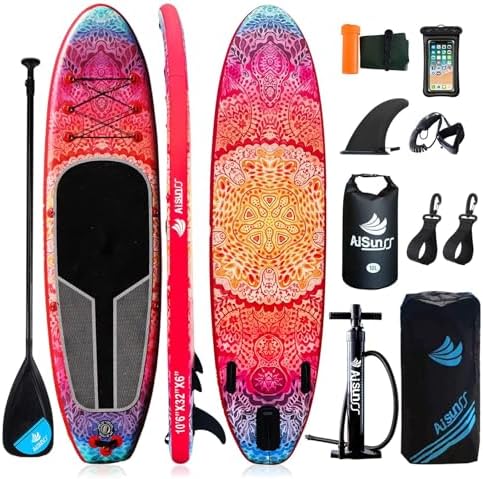 AISUNSS SUP Board 10.6Ft All Around Board Premium iSUP, Yoga Board with SUP Accessories Include Non-Slip mat, Waterproof Phone Bag, Double Action Pump, Adjustable Aluminum Paddle (Red Meditation)