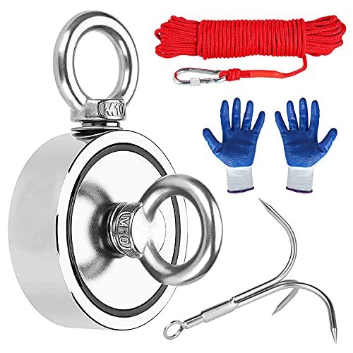 Peche Aimant, N52 Double Faces Aimant Néodyme Puissant Diamètre 75mm Force de Traction Combiné 480KG avec 20m Corde et Gants et Grappin pour Pêche À L'aimant, Récupération, Sauvetage Cover