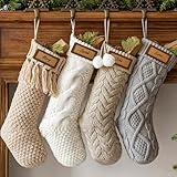 Pawliss Personalized Knitted Christmas Stockings: 4 Pack 18 Inch Cable Knit Christmas Stockings, Cozy Hanging Xmas Stockings Boho Farmhouse Decorations for Family Holiday Décor, White Gray Beige